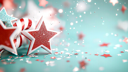 Festive Red and White Stars with Sparkling Confetti on Soft Blue Background Condusive for Celebration Themes