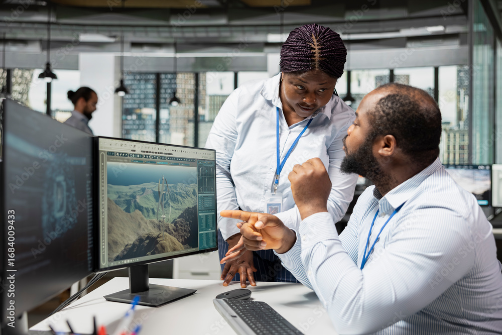 Aufkleber team of technicians use ai assistant to analyze advanced wind turbine models, improving efficiency. 
