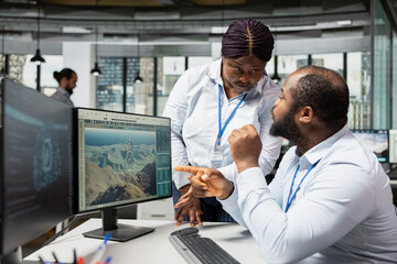 Team of technicians use AI assistant to analyze advanced wind turbine models, improving efficiency....