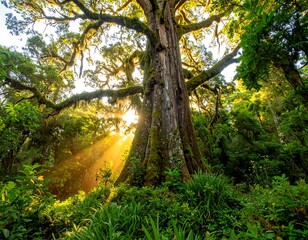 Fototapeta premium Sunlight filtering through a giant tree