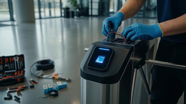 style footage of smart turnstile biometric reader installation capturing stepbystep setup for automated building access control.