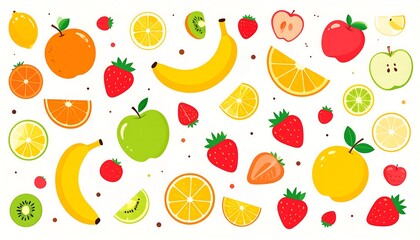 Colorful fruit slices and whole fruits