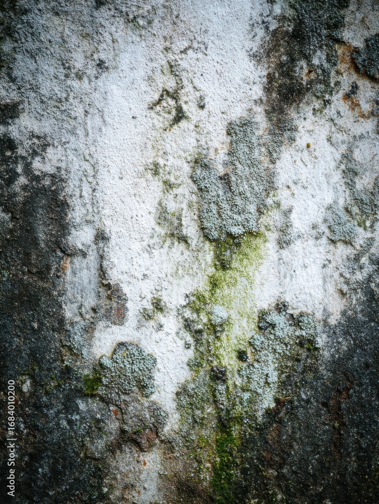 Poster close-up view of a textured wall displaying patches of moss and lichen, showcasing natural decay and