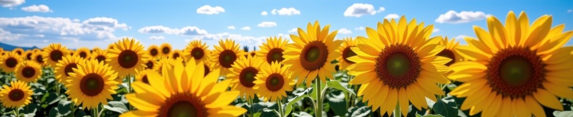 Obraz premium Vast field of sunflowers blooming under a brilliant blue sky, cheerful, beautiful, countryside