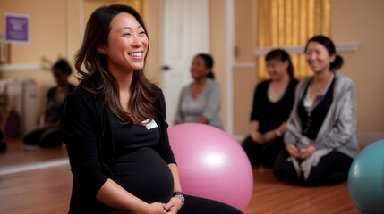 Joyful Asian pregnant woman smiling during prenatal class with exercise ball, other expectant mothers sitting in background at community center for maternal health education