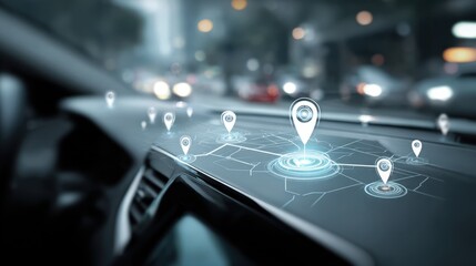 Medium shot of advanced telematics hub showcasing a GPS device with realtime vehicle location highlighted background blurred for focus on navigation details.