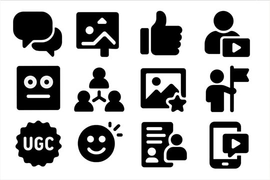 User Media Icons. Solid style icons of user-generated media: comment thread, post upload icon, content vote, user video clip, meme
