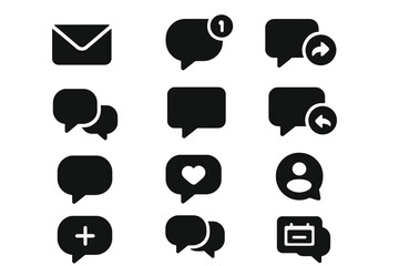 Social Chat Icons. Solid style icons of social chat platforms: direct message, chat notification, story reply, friend message,