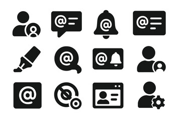 Mention Feature Icons. Solid style icons of user mention features: mention user, tagged comment, mention alert, mention list,