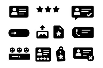 Review Form Icons. Solid style icons of review forms: review input, rating selector, review checkbox, comment field, submit button