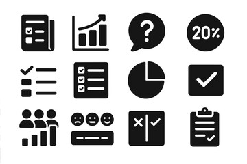 Survey Feedback Icons. Solid style icons of survey feedback: survey icon, poll results, question bubble, response percentage,