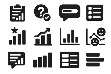 Solid Style Survey Icons. Solid style icons of survey polls: poll within survey, question icon with checkmark, progress bar bubble