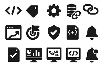 Analytics Icons Collection. Solid style icons of analytics tools and setup: tracking code icon, tag manager, analytics settings