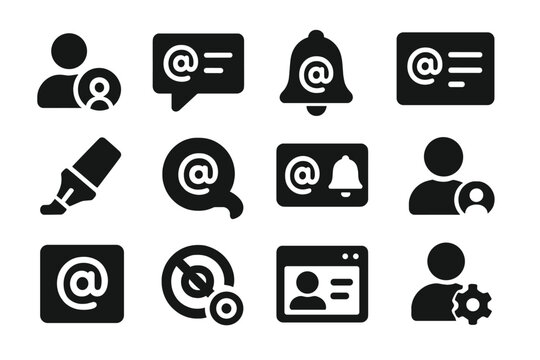 Mention Feature Icons. Solid style icons of user mention features: mention user, tagged comment, mention alert, mention list,