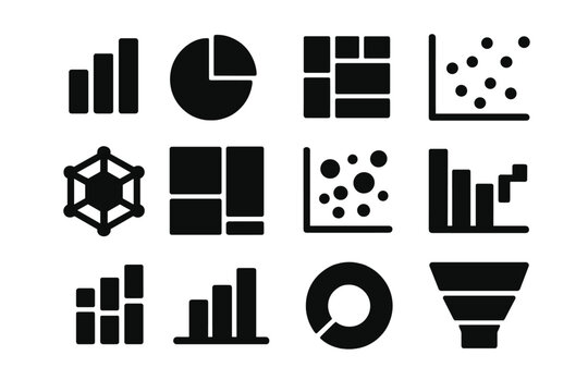 Data Visualization Icons. Solid style icons of data visualization types: bar graph, pie chart, heatmap icon, scatter plot, radar