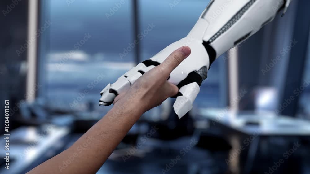Poster a hand reaches out towards a digital hologram representing artificial intelligence and human connect