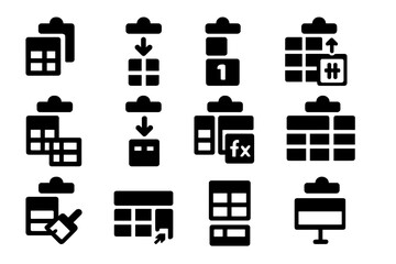 Spreadsheet Icon Set. Solid style icons of spreadsheet and table paste: paste into cell icon, column paste symbol, row insert tray
