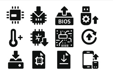 Firmware Installation Icons. Solid style icons of firmware installation: chip with loading bar, embedded install icon, BIOS update