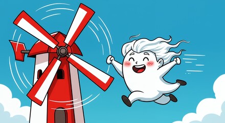 Cartoon character flying near spinning windmill