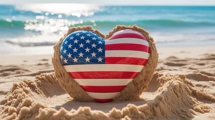 Photo of closeup of a heart with the american flag on a sandy beach, with the ocean and sunlight in the background
