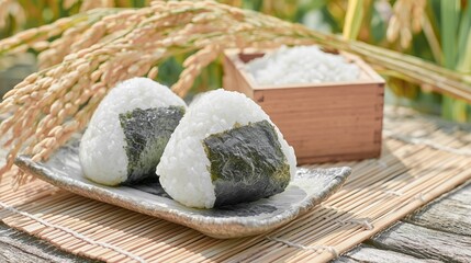 秋に収穫された新米のおにぎりと稲穂