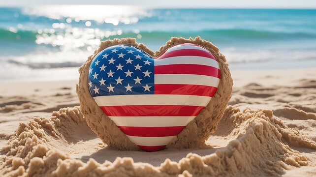 Photo of closeup of a heart with the american flag on a sandy beach, with the ocean and sunlight in the background - Powered by Adobe