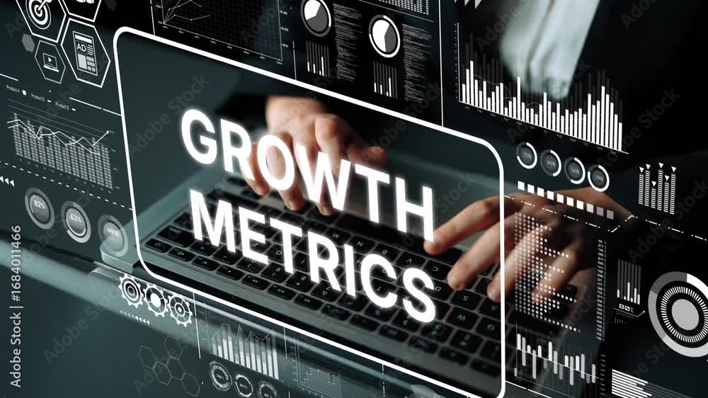 Aufkleber hands typing on laptop with growth metrics data visualization and charts for business analysis and s