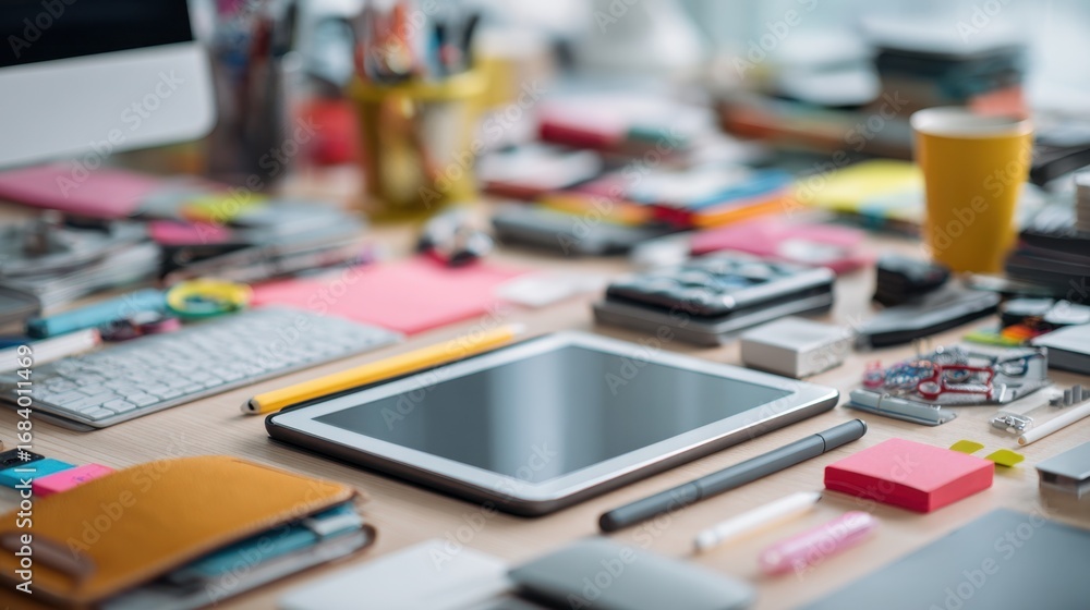 Aufkleber medium shot of a flat lay with a sharp focus on a digital tablet and stylus surrounded by blurred te