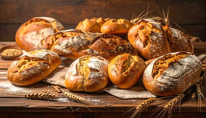 A selection of artisanal breads, showcasing diverse textures and golden hues, arranged on a rustic wooden table.