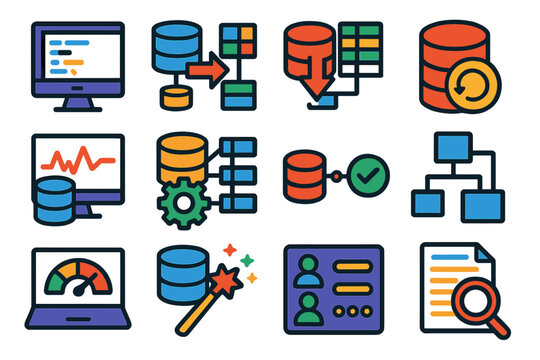 Database Tools Icons. Flat vector icons of Database Management Tools: query editor, schema viewer, data import tool, backup