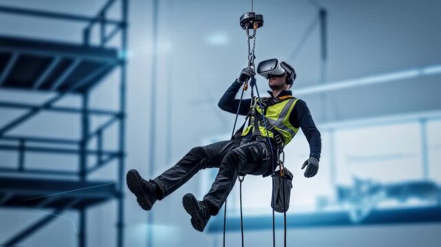 Trainee wearing VR headset practicing fallarrest scenarios in a controlled simulated space.