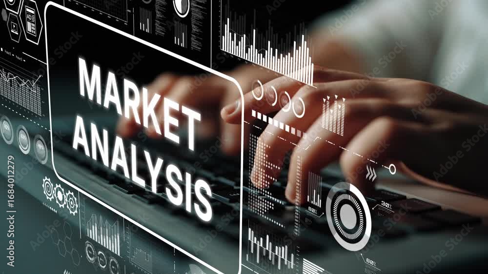 Poster hands typing on keyboard with digital dashboard for market analysis and financial data visualization