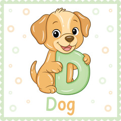 Letter D with Dog Cute Educational Alphabet Flashcard for Kids