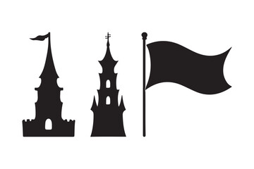 Silhouette of medieval towers and a waving flag