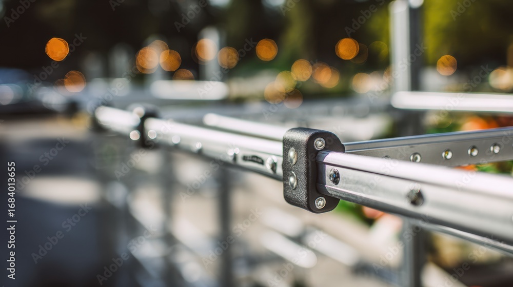 Poster closeup on quickassemble retail racks being set up outside a suburban store with soft bokeh effect b