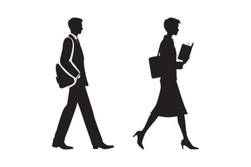 Silhouettes of a man and woman walking with briefcases