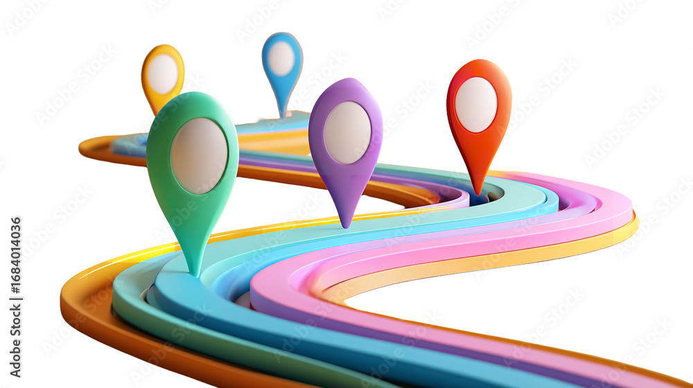 Fototapete winding colorful path with location pins pointing the way on transparent background