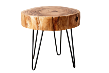 Round wooden side table with metal legs.  A light brown wooden slab acts as the tabletop, showcasing wood grain.  Four slender black metal legs support the table