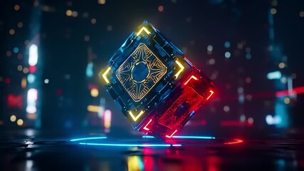 A glowing holographic cube with intricate circuits floating in a neon-lit cyberpunk city, representing future technology and data processing - Powered by Adobe