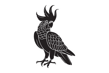 Stylized black and white illustration of a cockatoo
