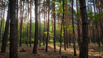 Fototapeta premium Sunlight filtering through pine trees