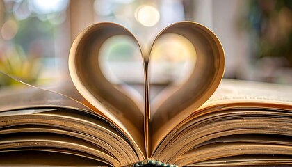 A close-up view of an open book, its pages elegantly curved to form a heart shape, highlighting the beauty and warmth of reading.
