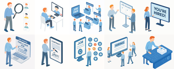 Isometric Style Detailed Job Hiring and Recruitment Process Icon Set Illustration