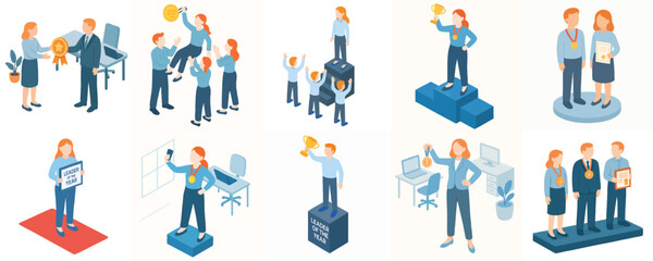 Isometric Illustration of Business Achievement, Awarding Ceremony, and Team Celebration Concept