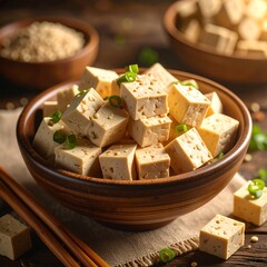 Close-up of cubes of light beige tofu, garnished with scallions, in a wooden bowl, with a subtle background of wooden surfaces and grains.