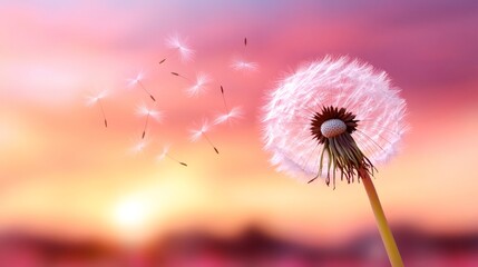 Dandelion spreading seeds at sunset with beautiful bokeh effect