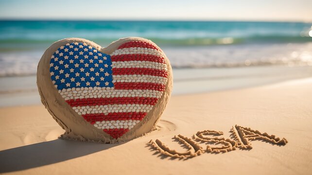 Photo of american flag heart and usa written in sand on a beach