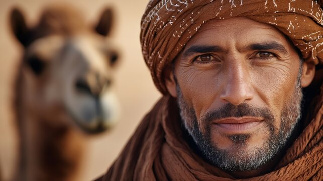 Portrait of bedouin with camel in the background in the Sahara Desert