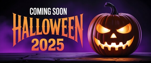 Spooky jack-o-lantern and "coming soon halloween 2025" text with orange glow and purple lighting illustration