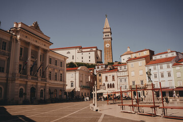 Piran, Slovenia &ndash; Medieval coastal town on the Adriatic with red rooftops and harbor scenic view